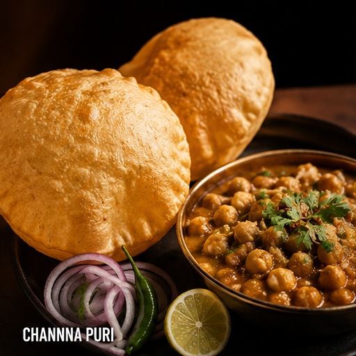 Pindi Channa with freshly fried puri, onions, lemon and green chilli