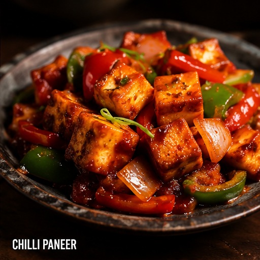 Glossy chilli paneer with peppers and onions